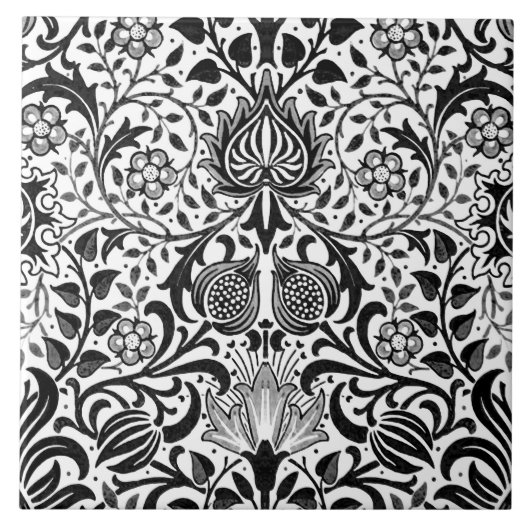 Carreau Jacobean Floral Damask, noir, blanc et gris  (Devant)