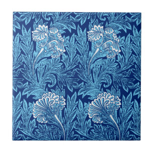 Carreau Jacobean Flower Damask, Navy, Sky Blue et White