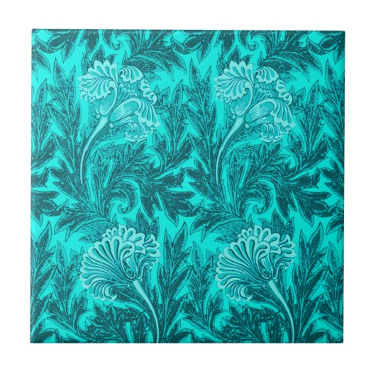 Carreau Jacobean Flower Damask, Turquoise Turquoise et Aqu (Devant)