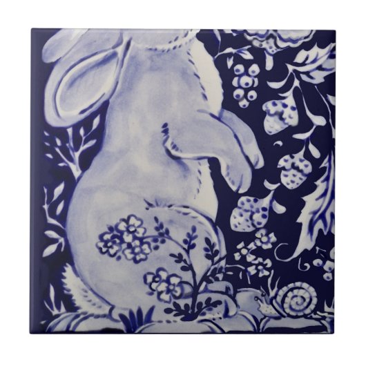 Carreau Jacobean Rabbit Oiseaux Fleurs Bleu Blanc Bas L (Devant)