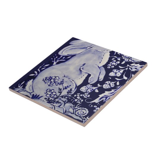 Carreau Jacobean Rabbit Oiseaux Fleurs Bleu Blanc Bas L (Côté)