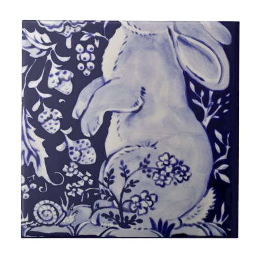 Carreau Jacobean Rabbit Oiseaux Fleurs Bleu Blanc Bas R (Devant)