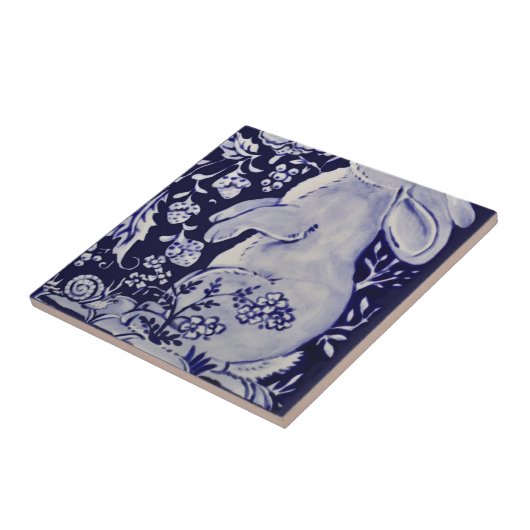 Carreau Jacobean Rabbit Oiseaux Fleurs Bleu Blanc Bas R (Côté)