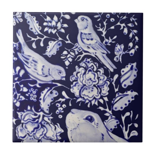 Carreau Jacobean Rabbit Oiseaux Fleurs Bleu Blanc Haut R (Devant)