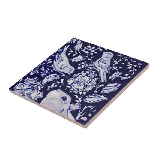 Carreau Jacobean Rabbit Oiseaux Fleurs Bleu Blanc Haut R (Côté)