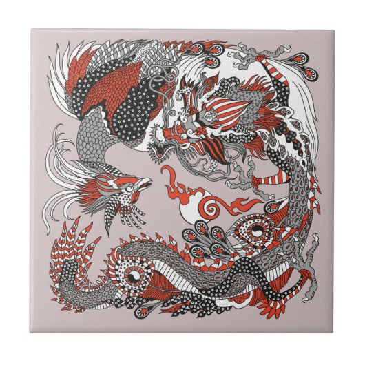 Carreau Jade Dragon et Gold Phoenix jouant avec une perle  (Devant)