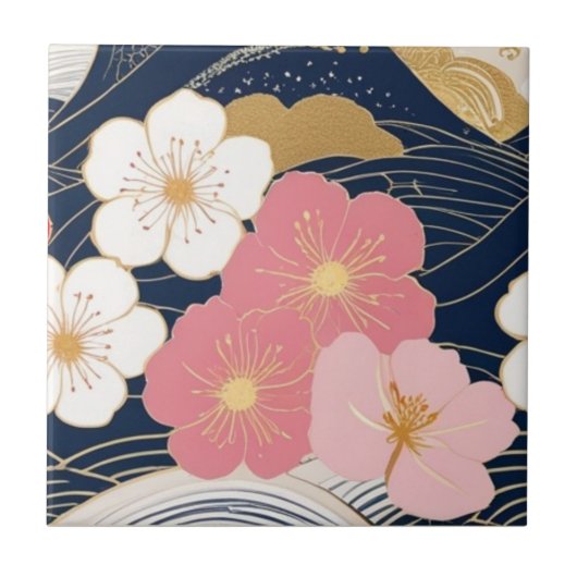 Carreau Japanese Waves and Blossoms Ceramic Tile - Piece 3 (Devant)