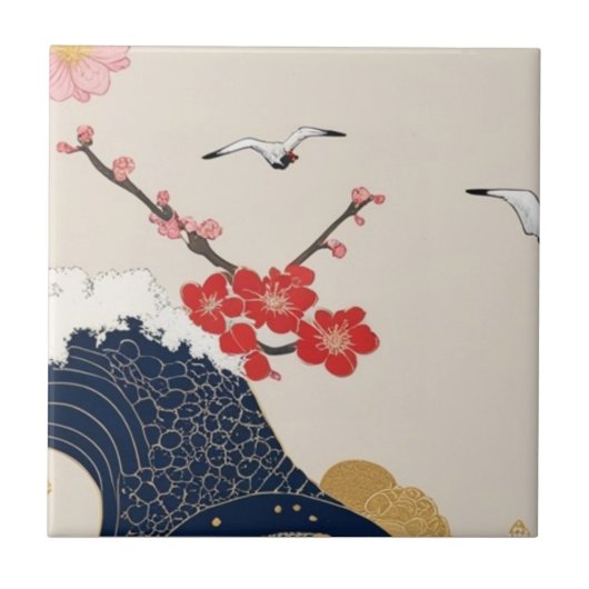 Carreau Japanese Waves and Blossoms Ceramic Tile - Piece 4 (Devant)