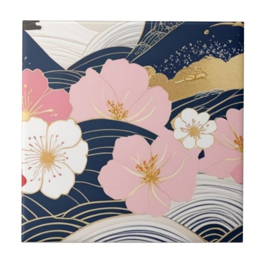 Carreau Japanese Waves and Blossoms Ceramic Tile - Piece 7 (Devant)