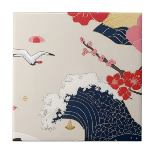 Carreau Japanese Waves and Blossoms Ceramic Tile - Piece 8 (Devant)