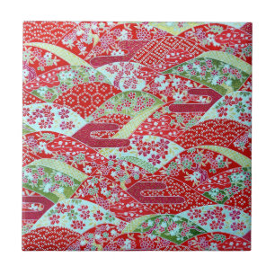 Carreau Japonais Washi Art Rouge Floral Origami Tile Yuzen