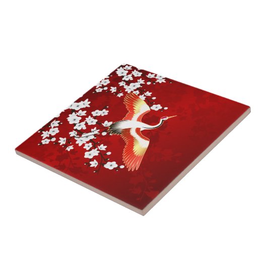 Carreau Japonaise Grue Blanc Cerisier Fleur Rouge (Côté)