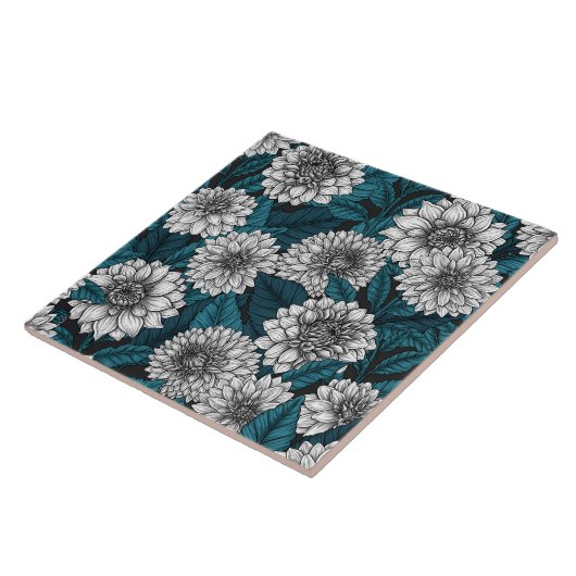 Carreau Jardin blanc Dahlia / feuilles bleus (Côté)