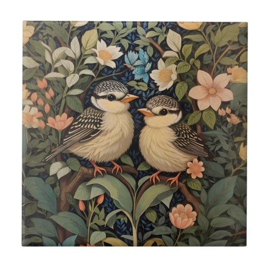Carreau Jardin botanique de deux mignons bébés oiseaux (Devant)