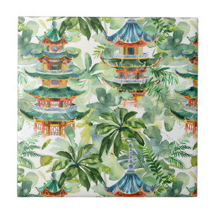 Carreau Jardin de cottage à pagode de corail aquarelle
