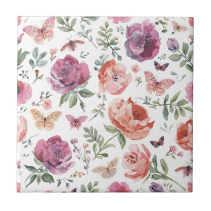 Carreau Jardin de papillons botanique aquarelle florale