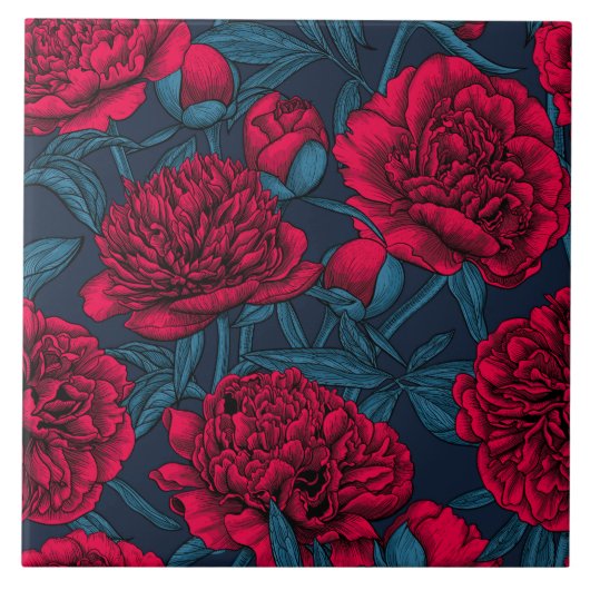 Carreau Jardin de pivoine rouge sur bleu foncé (Devant)