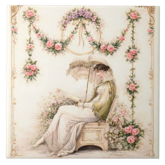 Carreau Jardin de roses Regency lisant une dame (Devant)