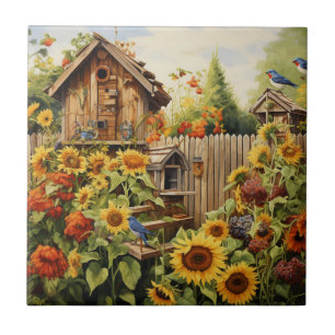 Carreau Jardin de Tournesols 2 Nids d'Oiseaux Oiseaux Bleu