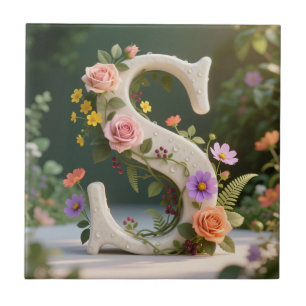 Carreau Jardin Floral Blanc Monogramme Lettre S