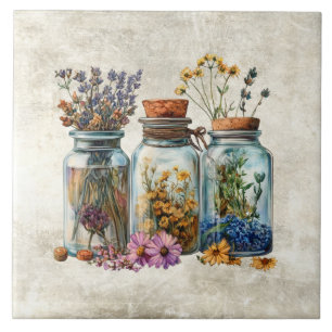 Carreau Jars aquarelle rustiques avec herbes et fleurs