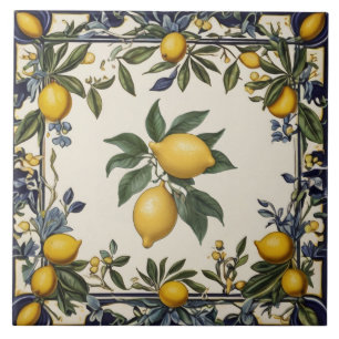 Carreau Jaune Citron Espagnol Citrons Bleu Et Blanc Vintag