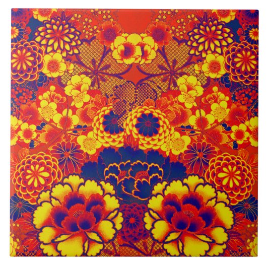 Carreau JAUNE ORANGE FLEURS Peony, Floral japonais Rose (Devant)