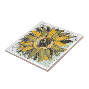 Carreau Jaune Tournesol Vert Noir Style Aquarelle Art
