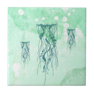 Carreau Jellyfish bleu aquarelle inspiré de l'océan