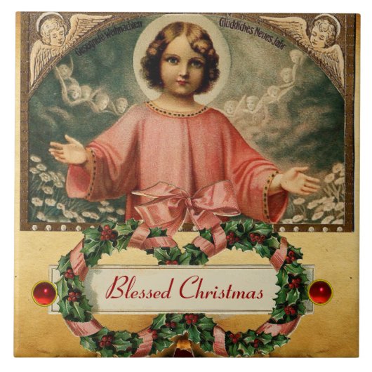 CARREAU JÉSUS ENFANT AUX ANGES ET COURONNES DE NOËL (Devant)