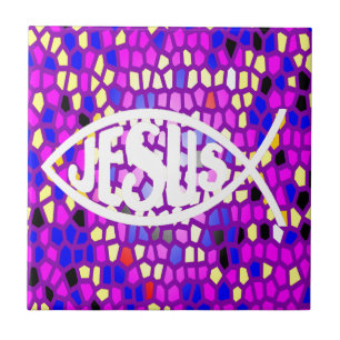CARREAU JÉSUS POISSON ICHTHYS VERRE STAINÉ VITRE PURPLE