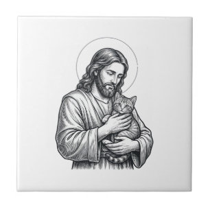 Carreau Jésus vintage tenant un chat gravure graphique_1