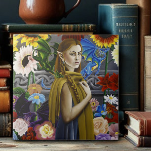 Carreau Jeune fille elfe dragon enchantée jardin de fleurs