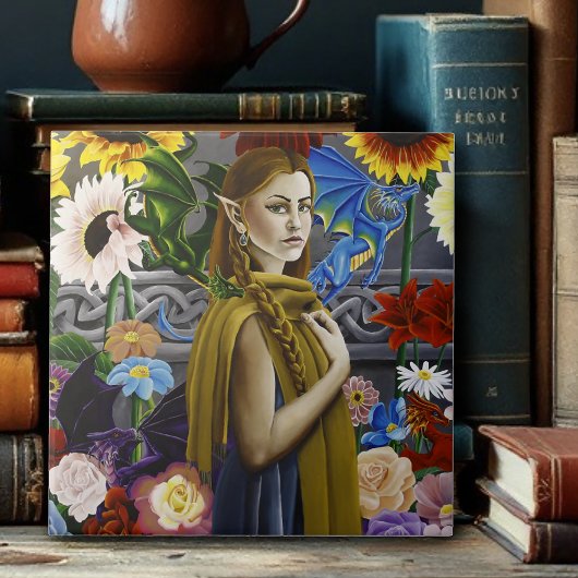 Carreau Jeune fille elfe dragon enchantée jardin de fleurs