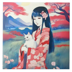 Carreau Jeune Fille Japonaise avec un Chat Blanc