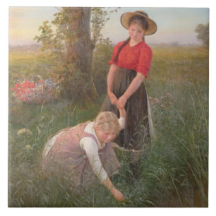Carreau Jeunes filles cueillette Fleurs