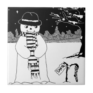 Carreau joli bonhomme de neige souriant scène de neige po