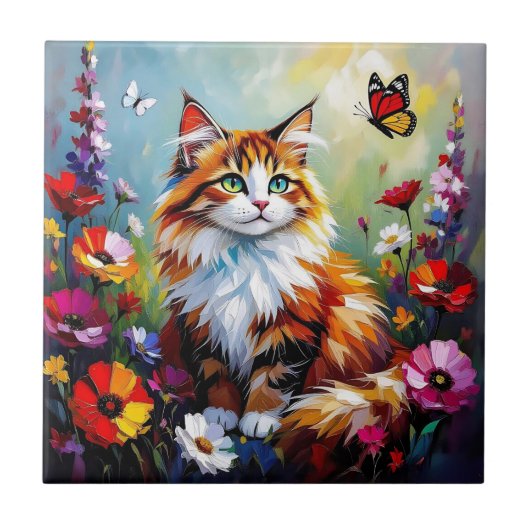 Carreau Joli Chat Capriceux, Fleurs et Papillons (Devant)