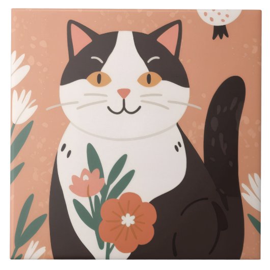 Carreau Joli Chat Heureux avec Fleurs de Printemps  (Devant)