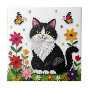 Carreau Joli chat noir et blanc, fleurs et papillons