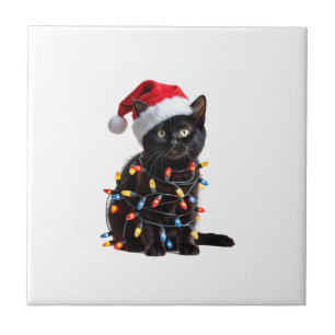 Carreau Joli Chat Noir Santa Noël Lumières Miaou Kitty K