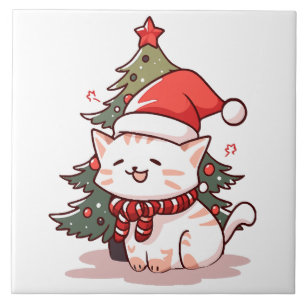 Carreau Joli chat portant un chapeau de Père Noël près de