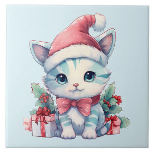 Carreau Joli chaton en chapeau de Père Noël pour Noël