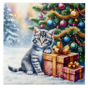 Carreau Joli Chaton Sous l'Arbre de Noël