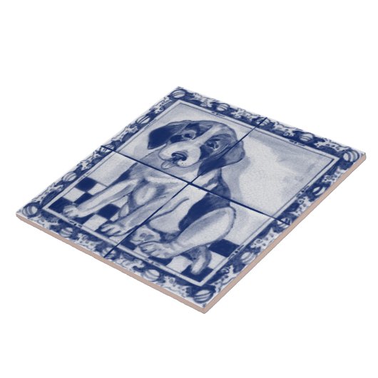 Carreau Joli Chien Chien Bleu Blanc Dedham Delft Trivet (Côté)