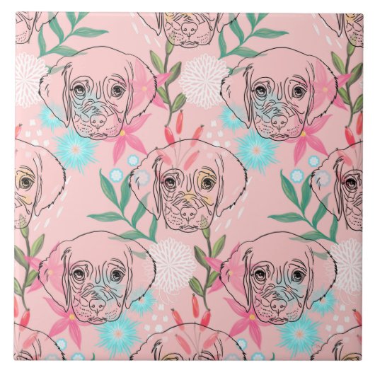 Carreau Joli Chien Chien et Fleurs Roses Art Créatif (Devant)