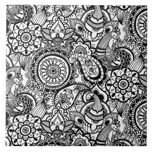 Carreau Joli floral paisley noir blanc (Devant)