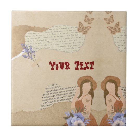 Carreau Joli gris, fleur, papillon et texte (Devant)