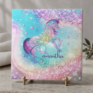 Carreau Joli licorne rose paillettes arc-en-ciel aqua mono