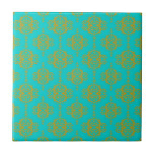 Carreau Joli motif damassé or sur turquoise
